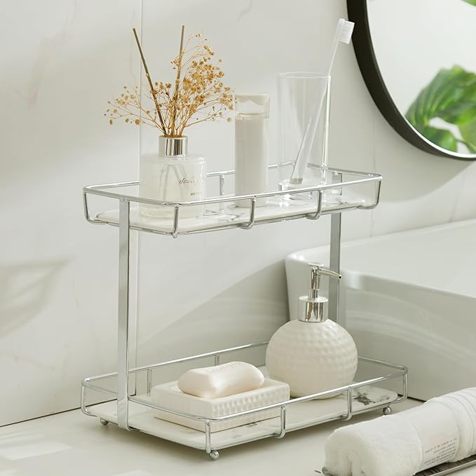 Bathroom Organizer Countertop Perfume Organizer Makeup Organizer Cosmetics Storage Display Rack Vanity Tray Dresser Stainless Steel Gold Shelf White Marble Ceramic Tray (2 Tier L-Sliver) | Perfume Organizer, Makeup Organizer, Cosmetics Storage, Vanity ...