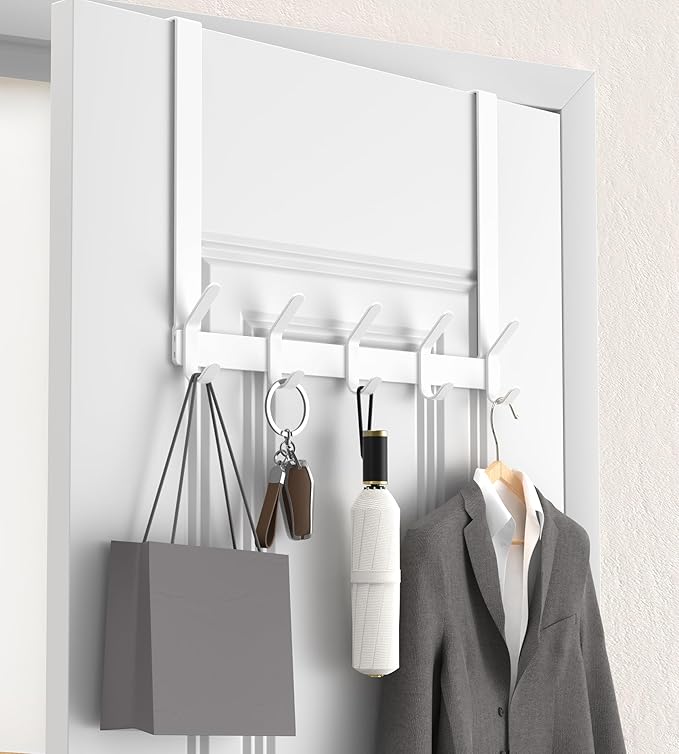 KitchLife Over The Door Hooks Hanger with 15.75 inches Extended Arms, Fit for 1-3/8" Doors, J40U, Thickened Bathroom Towel Rack Organization, 1 Pack Double-Hook, Glossy White