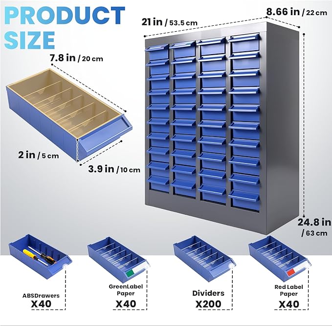 40 Drawer Parts Cabinet, Blue Nut and Bolt Organizer, ABS Material Bolt Organizer Storage, Nuts and Bolts Organizers with Shelf and Label, Bolts Bins for Tool Hardware Storage