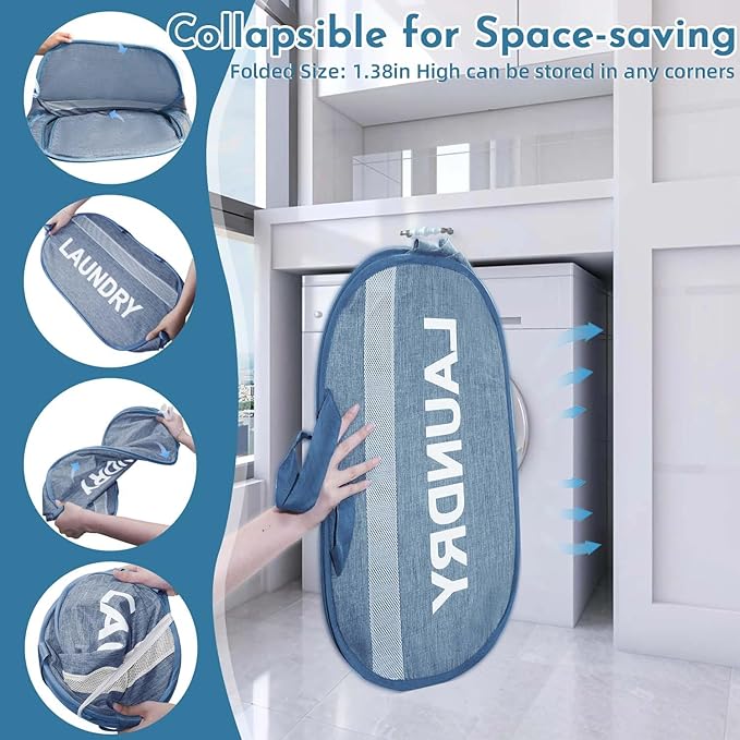 Collapsible Laundry Basket 2 pack, Foldable Pop Up Blue Laundry Baskets Mesh with Lid & Handle, Pop Up Collapsible Laundrys Hamper, Fabric Laundrys Baskets for Dorm, Travel, Bathroom
