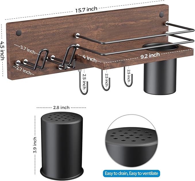 Wooden Hair Dryer Holder Wall Mounted, Bathroom Hair Tool Organizer, Blow Dryer Holder Shelf, Curling Iron and Hair Styling Tools Organizer