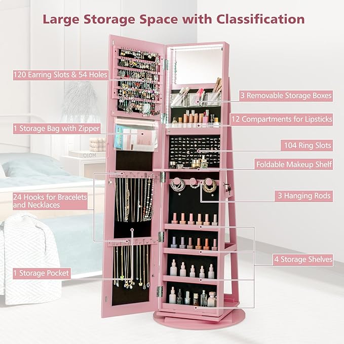 CHARMAID 360° Swivel Jewelry Armoire with Full Length Mirror, Rear Storage Shelves, Lockable Standing Jewelry Cabinet Organizer with Interior Vanity Mirror and 3-Color Lights (Pink)