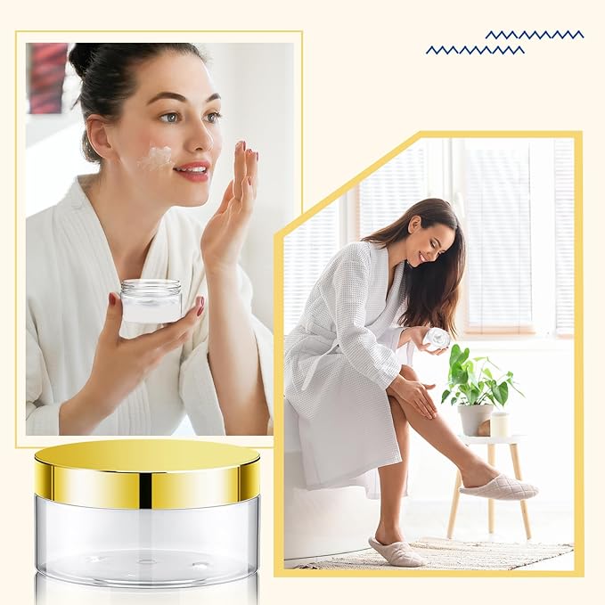 Dandat 24 Pcs 4 oz Plastic Jar Container with Lid and Label Refillable Empty Round Clear with Gold PET Cosmetic Sample Slime Containers for Lotion, Cream, Ointments, Body Butter, Makeup Travel Storage