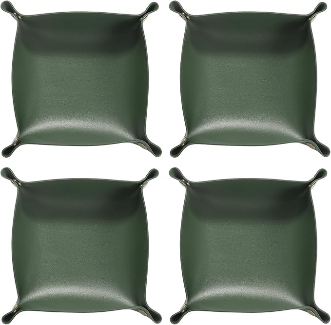 HARFINGTON 4pcs PU Leather Valet Tray Unisex Folding Small Catchall Tray Portable Entryway Table Tray Nightstand Bedside Desk Tray for Key Wallet Watch Coin Jewelry Dice, Green