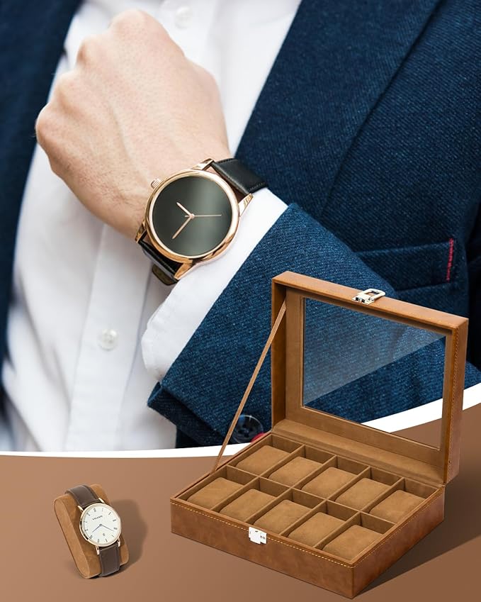 Uten 10-Slot Watch Box, PU Leather Watch Case with Glass Lid, Watch Holder Organizer with Soft Pillow and Velvet Lining, Watch and Jewelry Storage Box