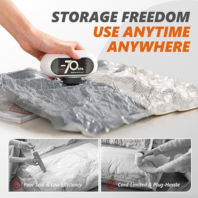 Travel Vacuum Bags with Wireless Pump, 15 Pack Vacuum Storage Bags with Powerful -70KPa Suction, for Maximum Compression in Luggage, Travel and Home Use for Clothes and Blankets, White