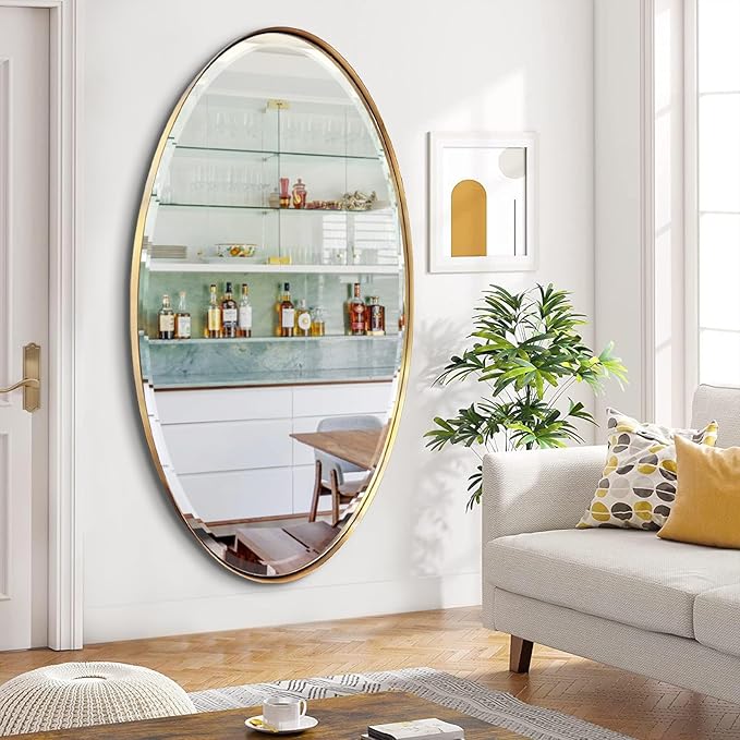 POZINO Brushed Gold Beveled Mirror, 28"x48" Large Brass Oval Mirrors, Bathroom Mirror for Over Sink, Modern Rounded Vanity Wall Mirrors in Premium Stainless Steel Frame, Hangs Horizontal Or Vertical