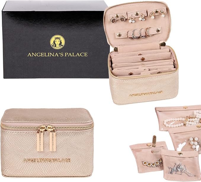 Angelina's Palace Snakeskin Pattern Jewelry Organizer Case Bridesmaid Gifts Travel Bag Vegan Leather Box for Necklace Earring Bracelet Ring(Champagne)