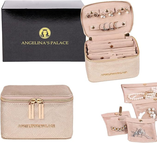 Angelina's Palace Snakeskin Pattern Jewelry Organizer Case Bridesmaid Gifts Travel Bag Vegan Leather Box for Necklace Earring Bracelet Ring(Champagne)