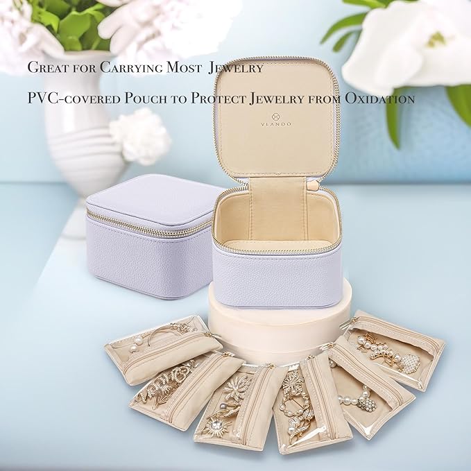 Vlando Travel Jewelry Box Organizer - 6 Small Velvet Zipped Pouches Pockets for Jewelries Necklaces Rings Earrings Sorting Storage, Lilac Purple