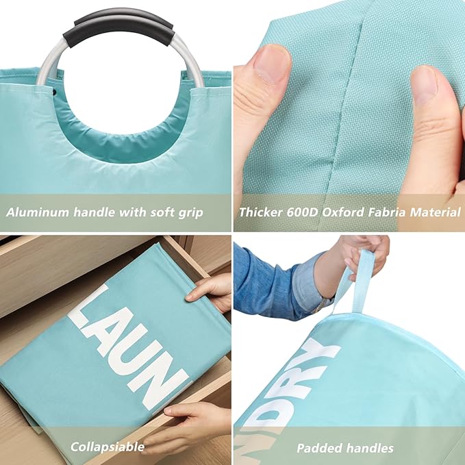 90L Large Laundry Basket, Freestanding Tall Clothes Hamper, Collapsible Laundry Bag, Light Blue