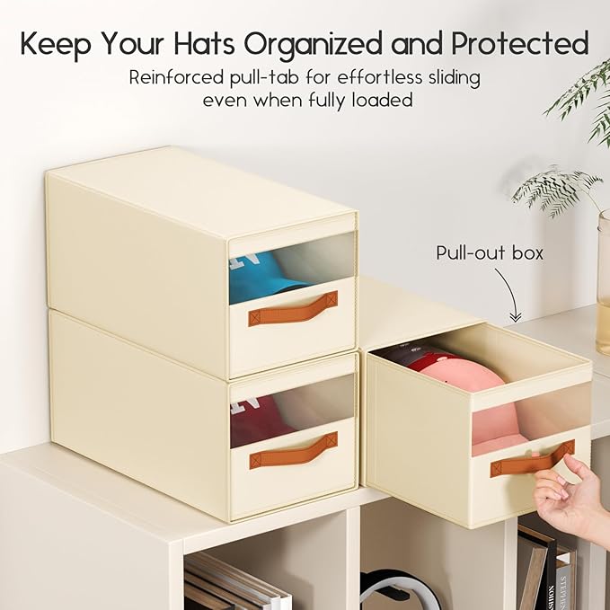 Hat Organizer for Baseball Caps - 3 Pack Pull-Out Drawer Hat Storage Organizer Box with Clear Window, Stackable Closet Cap Holder, Baseball Cap Organizer for Closet, Bedroom, Home, Beige