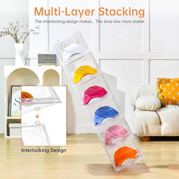 4 Pack Hat Organizer for Baseball Caps,Large Clear Cap Organizer with Drawer,Hats Holder Box for Closet with Sliding Tray,Stackable Hat Rack Display Case,Multi-use Hat Case for Caps,Each Holds 12 Hats