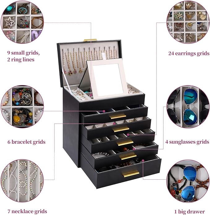 BOOVO Jewelry Box with Necklace Hanger – Jewelry Organizer for Women with 5 Drawers, Large Jewelry Storage Boxes –Jewelry Organizers and Storage for Earrings, Necklaces (Black, 6 layer)