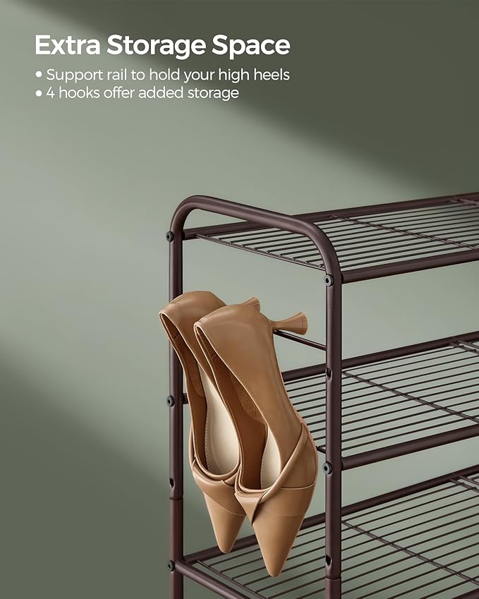 SONGMICS Shoe Rack, 2-Tier Shoe Organizer, Metal Shoe Shelf Storage with 4 Side Hooks, Holds 10 Pairs of Shoes, Height-Adjustable Shoe Rack for Entryway, Hallway, Closet, Chestnut Brown ULMR128A01