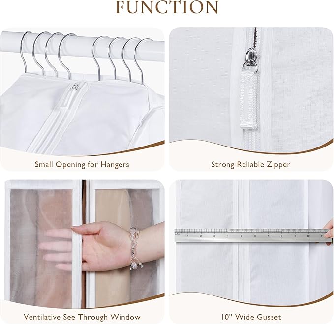 Univivi Premium Cotton Garment Bags for Hanging Clothes and Storage, 60 Inch Washable Dress Bags for Gowns Long, Full Zipper Dust Cover with Extra Large 10" Gusset & Clear Window - 4 Pack