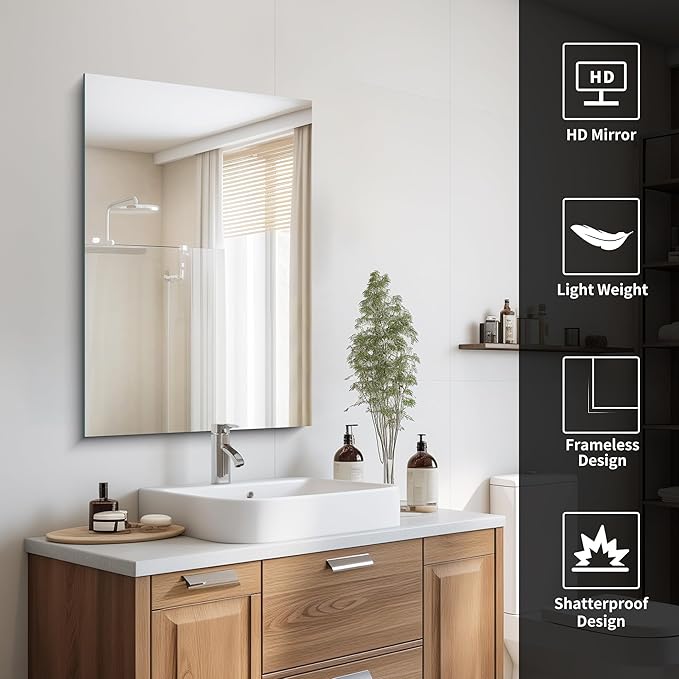 CILIBER Frameless Mirror, 24x36 Inch Bathroom Mirror for Wall, Rectangle Bathroom Vanity Mirrors with Polished Edge, Hangs Horizontally or Vertically for Bathroom, Bedroom and Living Room