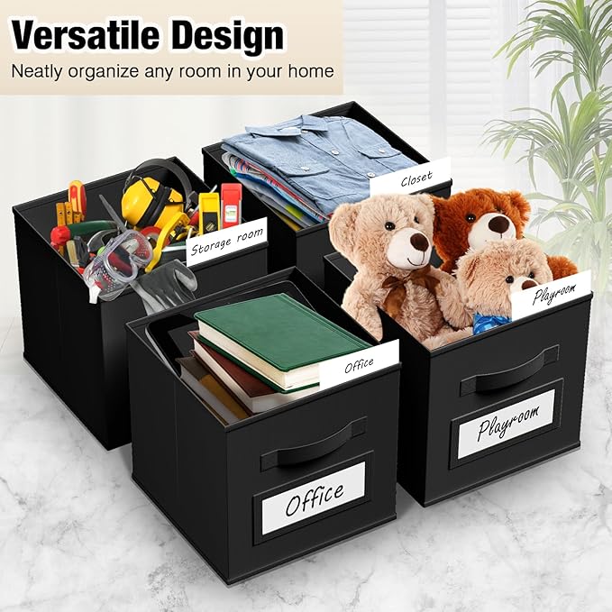 10 Pcs Fabric Storage Cubes with Labels 13 Inch Collapsible Cube Organizer Baskets with Window Cards for Shelf Nursery Clothes Book Toys Storage Bin(Black)