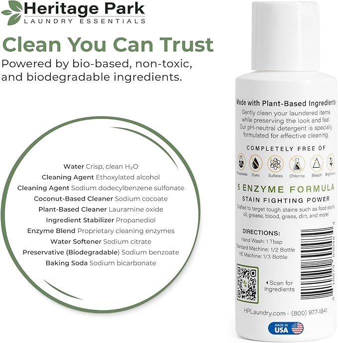 Heritage Park Luxury Laundry Detergent | Dermatologist Tested Plant based Natural & Enzyme Laundry Detergent | Sensitive Skin Friendly - Fragrance Free (4 fl oz Trial Size)