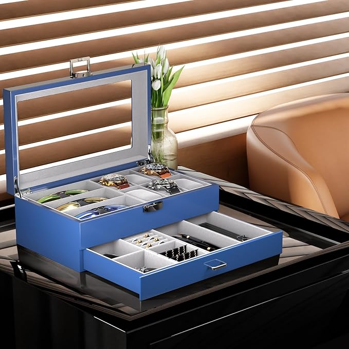 ProCase Lacquered Finish Wooden Men's Jewelry Box, 6 Slots Watch and Sunglasses Box Organizer for Men, 2-Tier Watch Holder Display Cases with Glass Top and Storage Drawer -Blue