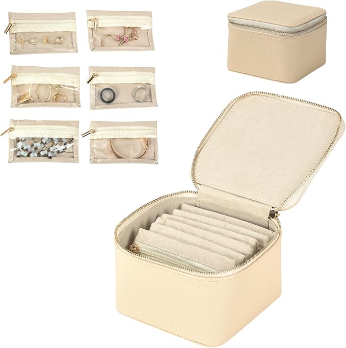 Small Travel Jewelry Box,Travel Jewelry Case with 6pcs Velvet Jewelry Pouches,Portable Jewelry Organizer Travel for Earring Bracelet Ring,Travel Jewelry Case Ideal for Travel & Home Organization