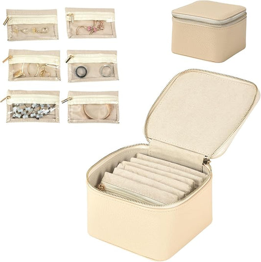 Small Travel Jewelry Box,Travel Jewelry Case with 6pcs Velvet Jewelry Pouches,Portable Jewelry Organizer Travel for Earring Bracelet Ring,Travel Jewelry Case Ideal for Travel & Home Organization