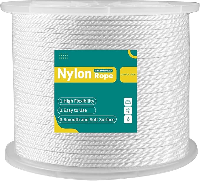 1/8 Inch Nylon Rope 500 Ft Solid Braid High UV and Abrasion Resistance, Multipurpose Tightly Braided Rope, Clothes Line, Flag Line, Marine and Outdoor Twine, Ideal for Indoor and Outdoor Applications