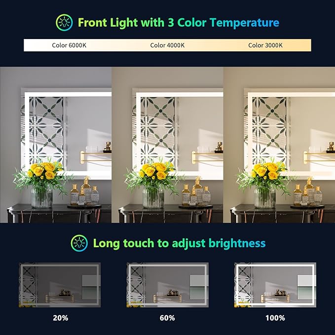 51x40 Inch RGB LED Bathroom Mirror Front Light and RGB Backlit Lighted Vanity Mirror for Bathroom Wall Mounted Dimmable Anti Fog Memory Shatter-Proof IP54 Waterproof Horizontal/Vertical