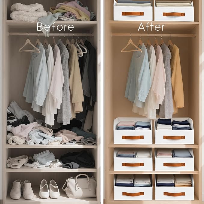 Fabric Storage Bins for Organizing - 4 Pack Large Trapezoid Collapsible Storage Bins with Front Handle, Closet Organizers and Storage for Bedroom, Home Shelves, Small Spaces, White