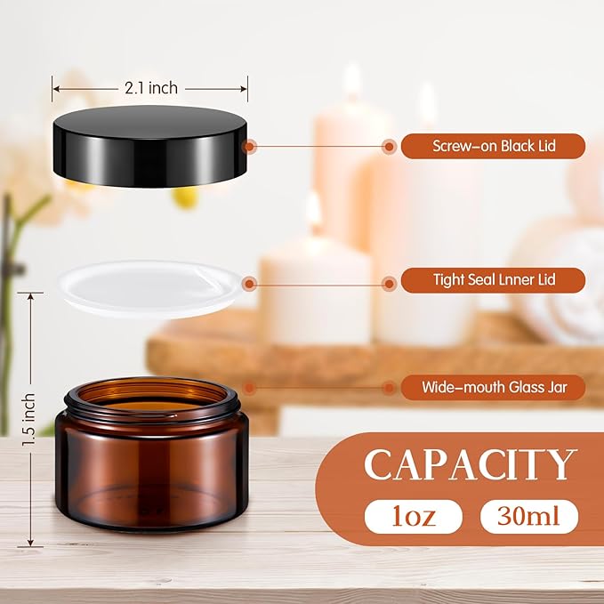 Domensi 60 Pcs 1oz Glass Jars with Lids Bulk Salve Tins Winter Cream Container Small Glass Candle Cosmetic Jars for Travel Lip Balm with Inner Liners for Lotion Sample Cream(Amber, Black Lid)