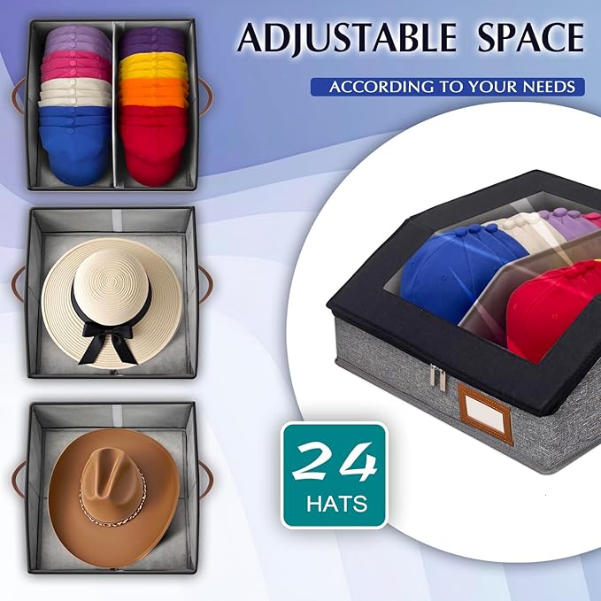 2-in-1 Hat Organizer for Baseball Caps Holds 48-60 Hats Holder for Closet with Clear lid Stackable Hat Storage with Adjustable Space Cowboy Hat Box for Men Women 2 PCS Black and Grey