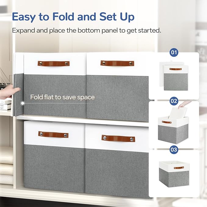 13x13 Storage Cubes 4-Pack, Large Foldable Fabric Cube Storage Bin with Reinforced Bottom and Labels, Organizer Baskets for Shelves, Closets(White/Gray)