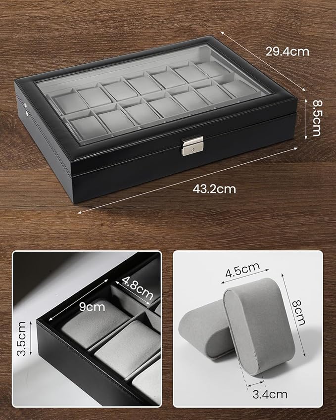 Uten Watch Box, 24 Slots Leather Watch Case, Watch Box Organizer Jewelry Storage with Large Glass Lid, Watch Display Case, Watch Box for Men & Women Gift