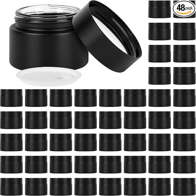 1 oz Glass Jars with Lids, Empty Cosmetic Jars, Airtight Containers with Inner Seal for Creams, Balms, Ointments, DIY Crafts, Salves (48 Pack, Black Frosted)