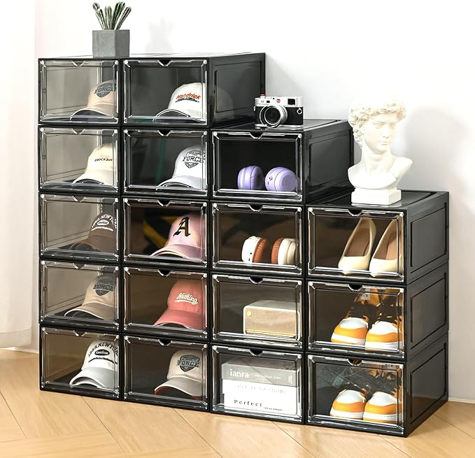 Hat Organizer Box,Stackable Clear Baseball Caps Holder Box Containers with Magnetic Door for Hats Snapback Cap Storage,Clear Hat Storage with Magnetic Door, Holds 40 Hats (black clear, 4 pack)
