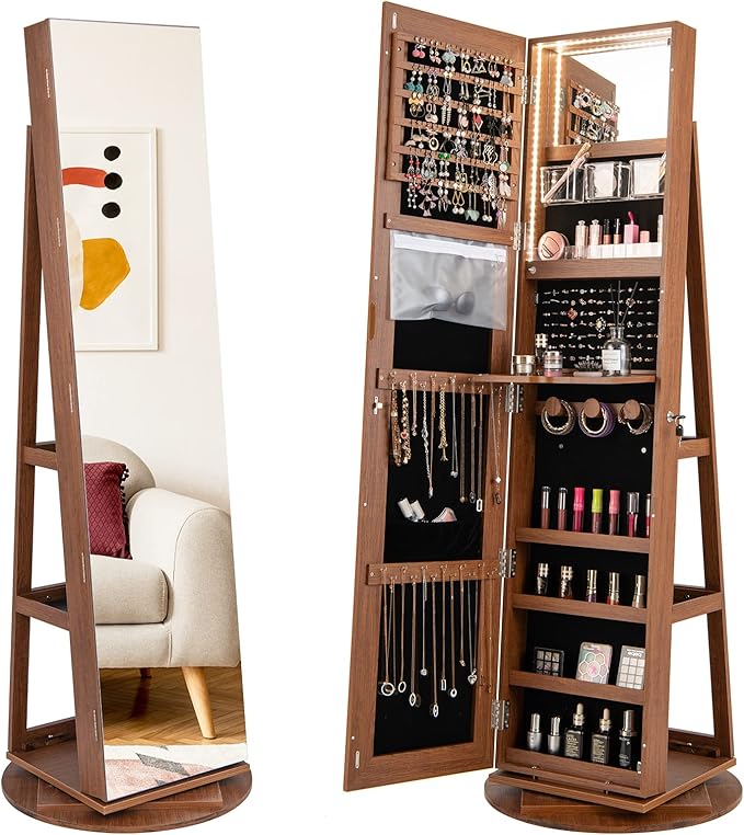 GOFLAME 360° Rotating Jewelry Cabinet with Full-Length Mirror, Freestanding Jewelry Armoire with 3-Color LED Light and Back Storage Shelf, Lockable Jewelry Organizer for Bedroom Cloakroom, Walnut