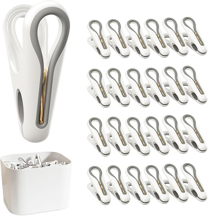 Plastic ClothesPins Heavy Duty Out door 24 Pack with Storage Box, 2.5-Inch Chip Clips with Non-Slip No-Trace Design for Laundry, Drying Clothes,Towels, Crafts, Picture, Food Clips, Home Use and Travel