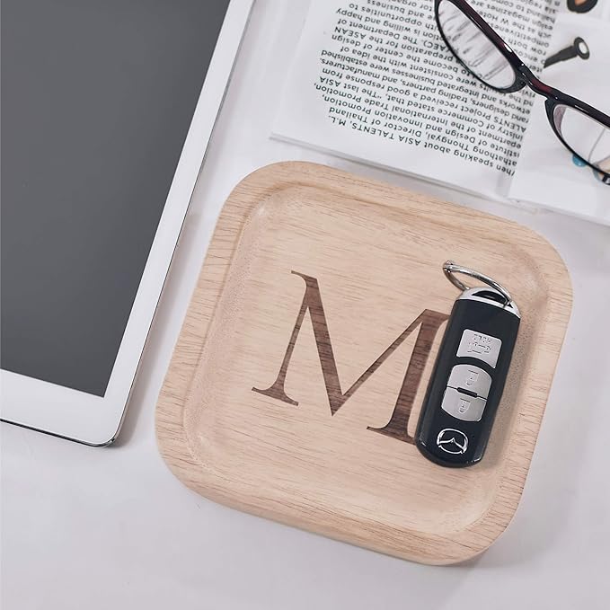 I'm Wooden Personalized Letter Catchall Valet Tray Trinket Dish Jewelry Tray Key Bowl Decorative Plate Organizing Ring Earrings Necklaces Bracelet Watch Coins Wallet Holder (6"x6" Sq Natural M)