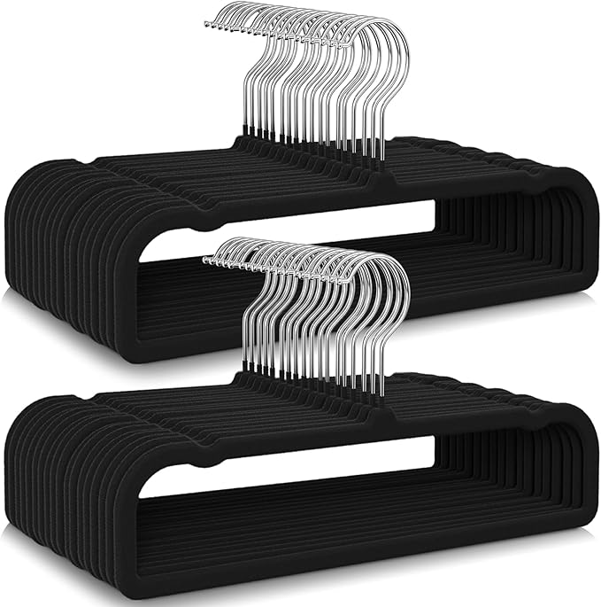 50 Pack Black Velvet Hangers Non Slip, Felt Pants Hangers Thin Space Saving Clothes Hanger Flocked Strong Durable Ganchos para Colgar Ropa with 360°Swivel Hook for Pants Jeans Shorts Skirts Tank Top