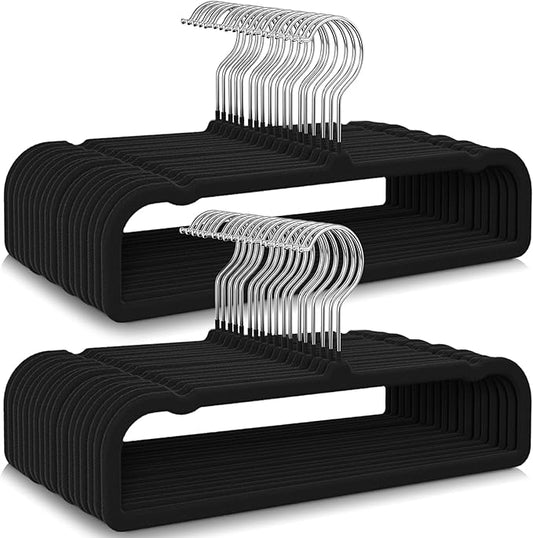 100 Pack Velvet Hangers Non Slip, Felt Pants Hangers Thin Space Saving Clothes Hanger Flocked Strong Durable Ganchos para Colgar Ropa with 360°Swivel Hook for Pants Jeans Shorts Tank Top, Black
