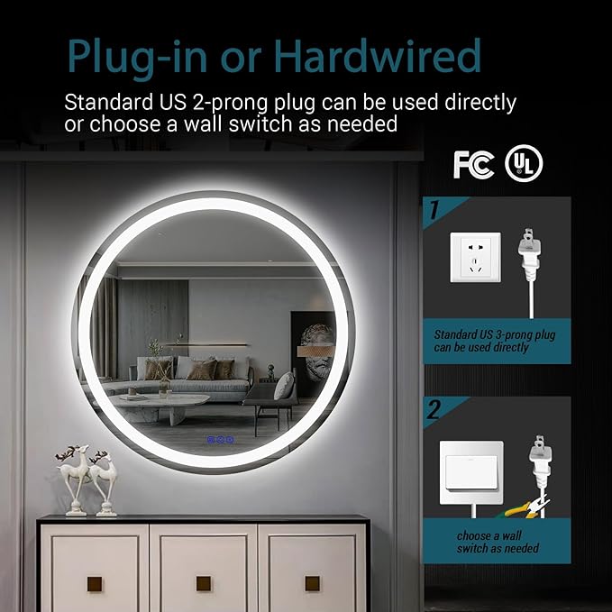 24" LED Round Bathroom Mirror – Front & Backlit Lighted Vanity Mirror, Wall-Mounted with Smart Memory Touch, Stepless Dimming, Anti-Fog, Shatterproof Design