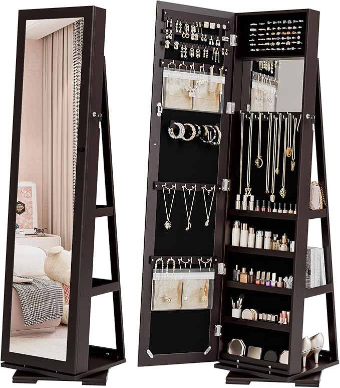 Bonnlo 360° Swivel Jewelry Mirror Cabinet with Inside Makeup Mirror,Full Length Mirror with Jewelry Storage, Lockable Standing Jewelry Armoire Organizer, Espejo Oon Almacenamiento for Bedroom,Brown
