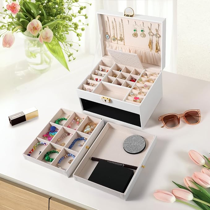 3 Layer Jewelry Box, Lockable Jewelry Holder Organizer with Jewelry Drawer, Large Jewelry Boxes & Organizer with Velvet Earring Storage, Unique Gifts for Women Mom