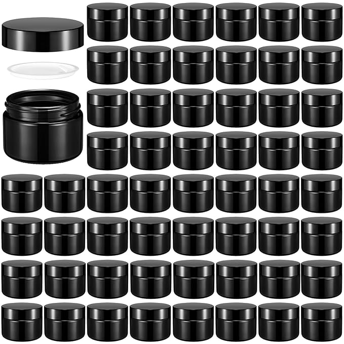 Domensi 60 Pcs 1oz Glass Jars with Lids Bulk Salve Tins Winter Cream Container Small Glass Candle Cosmetic Jars for Travel Lip Balm with Inner Liners for Lotion Sample Cream(Black,Black Lid)