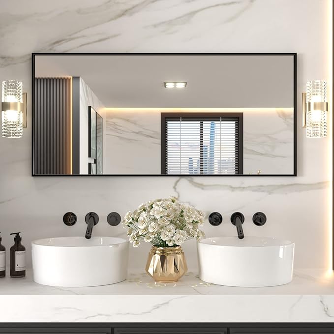 LOAAO 60"X28" Black Rectangle Bathroom Mirror Wall, Matte Black Aluminum Alloy Frame, Tempered Glass, Hangs Vertically or Horizontally, Easy to Install