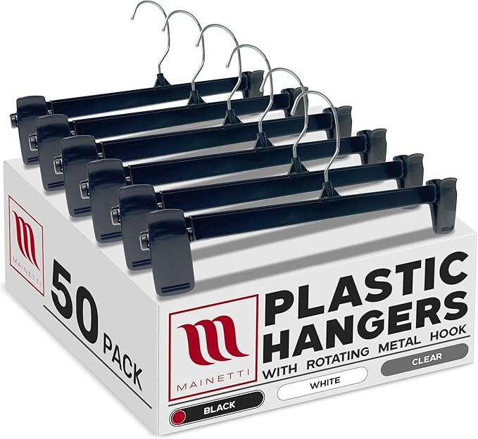 Mainetti 6012 Recycled Black Plastic Hangers - 50 Pack with Rotating Metal Hook and Sturdy Plastic, Great for Pants/Skirts/Slacks/Bottoms, 12-Inch