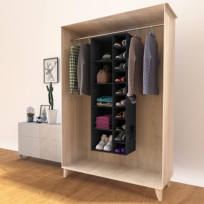 coastal rose Hanging Shoe Closet Storage Organizer, 15 Sections Closet Organizers and Storage Shelves Shoe Rack Holder Hanger, Black