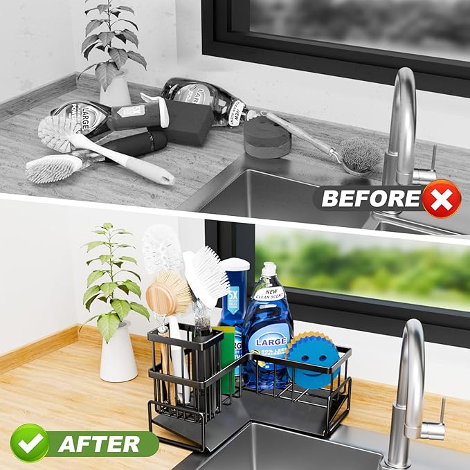 Large Sponge Holder for Kitchen Sink, Sink Caddy Organizer with Dish Brush Holder for Countertop Corner Storage Rack, Metal L-Shaped Kitchen Sink Sponge Soap Organizer Storage Ideas