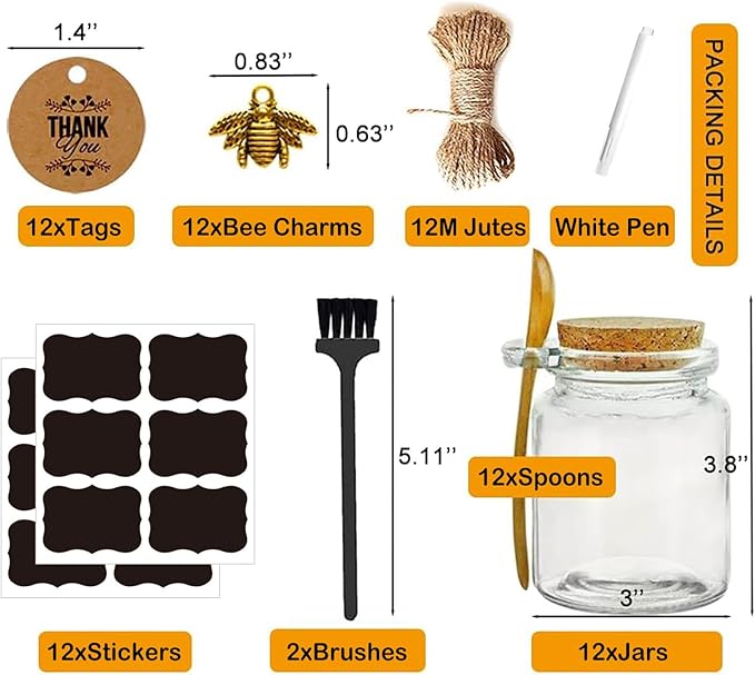 Ahhute Glass Sugar Scrubs Jars, Bath Salt Container 8oz, Salt Cellar with Spoon, Honey Scrubs Jars w/Lids, Labels and Cleaning Brush, Set of 12