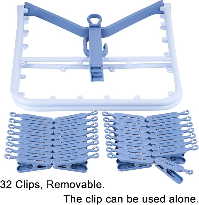 Foldable Clip Hangers Blue with 32Pcs Drying Clips Wind-Proof Hook for Underwear Socks Bras Lingerie Clothes